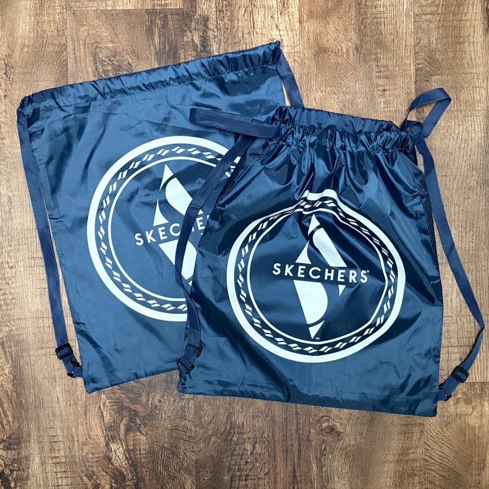 NEW Skechers Navy Blue Logo Nylon Drawstring Waterproof Tote Bags, Set of 2